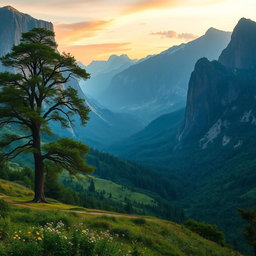 A breathtaking vast valley stretching out in front of a large, majestic tree, with the valley enveloped in lush greenery and colorful wildflowers