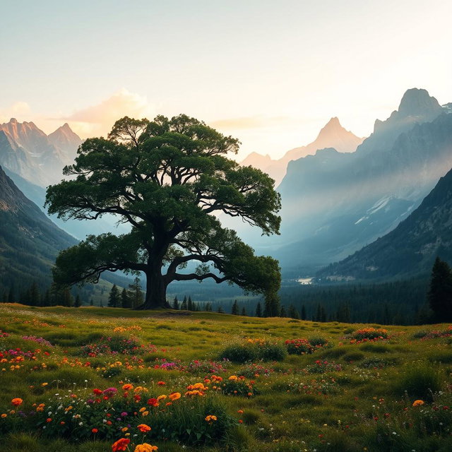A breathtaking vast valley stretching out in front of a large, majestic tree, with the valley enveloped in lush greenery and colorful wildflowers