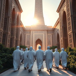 A group of white-robed figures dressed in traditional Muslim attire walking slowly towards a grand, towering structure that resembles an ancient temple