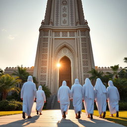 A group of white-robed figures dressed in traditional Muslim attire walking slowly towards a grand, towering structure that resembles an ancient temple