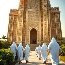A group of white-robed figures dressed in traditional Muslim attire walking slowly towards a grand, towering structure that resembles an ancient temple
