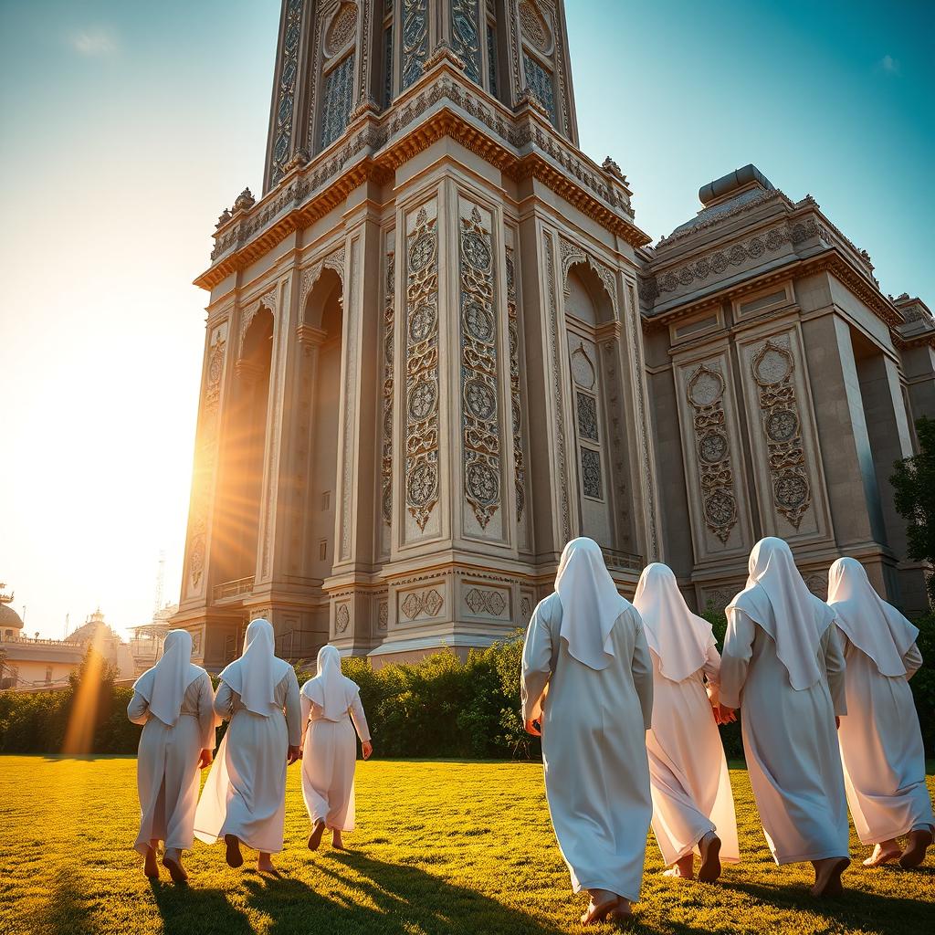 A group of white-robed figures dressed in traditional Muslim attire walking slowly towards a grand, towering structure that resembles an ancient temple