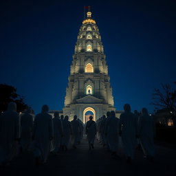 A group of white-robed figures dressed in traditional Muslim attire walking slowly towards a grand, towering structure resembling an ancient temple