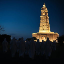 A group of white-robed figures dressed in traditional Muslim attire walking slowly towards a grand, towering structure resembling an ancient temple