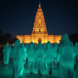 A group of white-robed figures dressed in traditional Muslim attire walking slowly towards a grand, towering structure resembling an ancient temple
