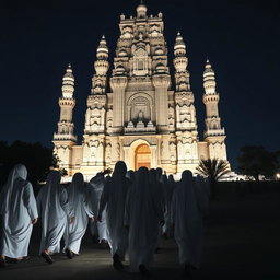 A group of white-robed figures dressed in traditional Muslim attire walking slowly towards a grand, towering structure resembling an ancient temple