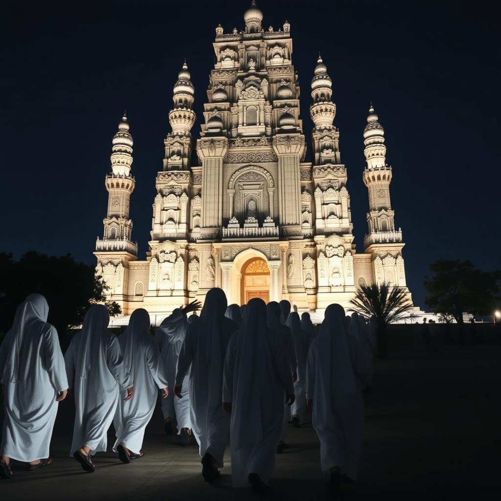 A group of white-robed figures dressed in traditional Muslim attire walking slowly towards a grand, towering structure resembling an ancient temple