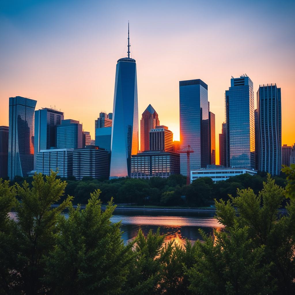 A high-quality, sharply focused image of a vibrant city skyline at sunset, capturing the intricate details of modern skyscrapers, the warm glowing hues of the setting sun reflecting off the glass windows, and a clear blue sky transitioning to orange and purple tones