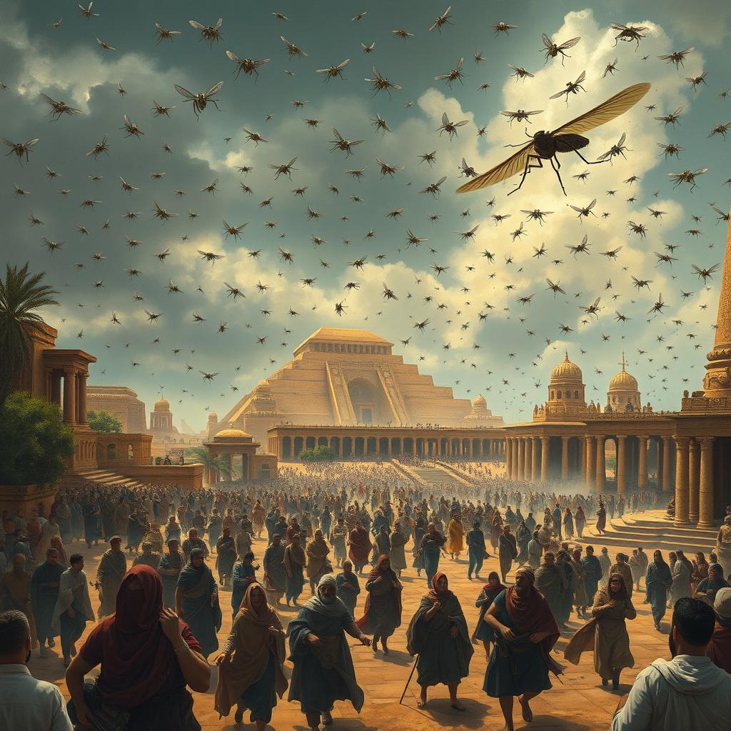 An imaginative illustration depicting the ancient city of Babylon besieged by millions of mosquitoes swirling around the towering ziggurats and grand palaces