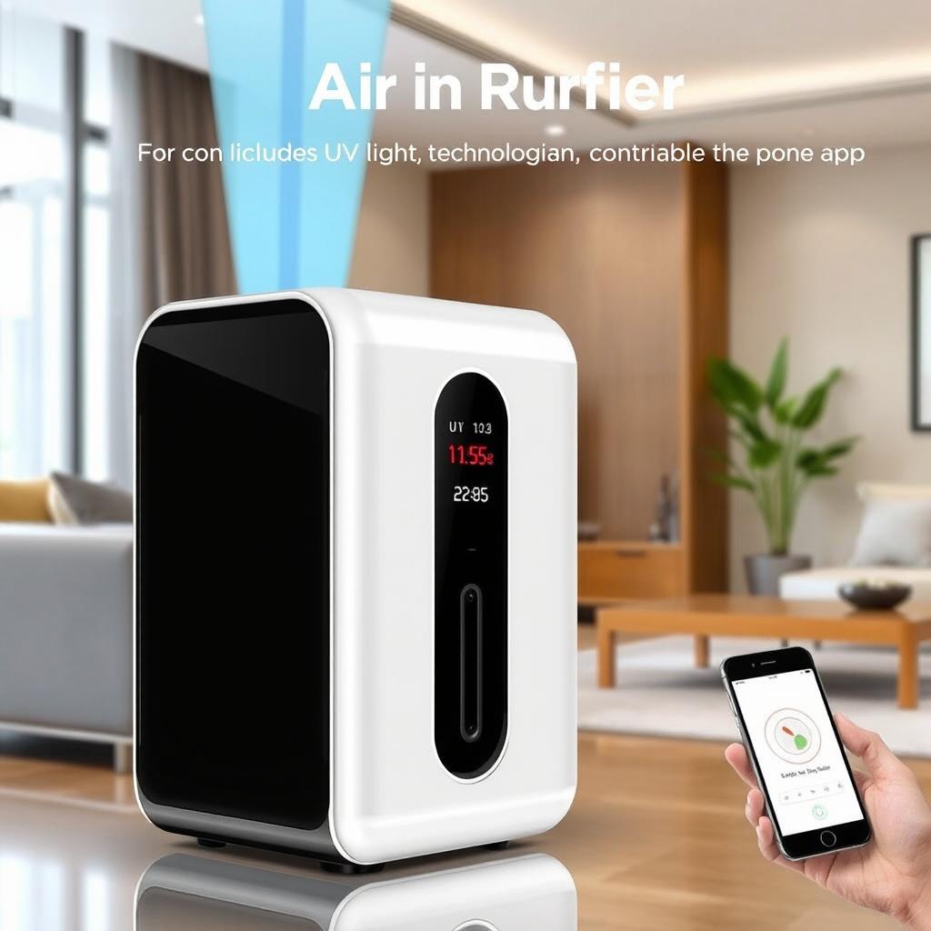 A sleek and modern air purifier featuring a digital display that shows dust levels indicated in red