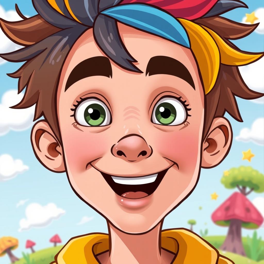 A vibrant cartoon-style image featuring a character with a clearly edited face
