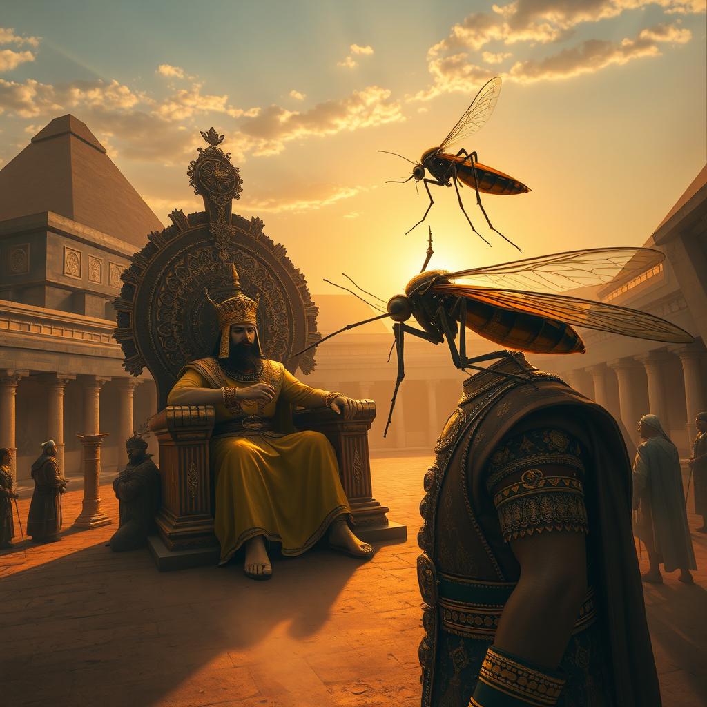 A dramatic scene depicting an ancient Babylonian palace with intricate architecture, where a colossal and ornate throne is set against a backdrop of towering ziggurats