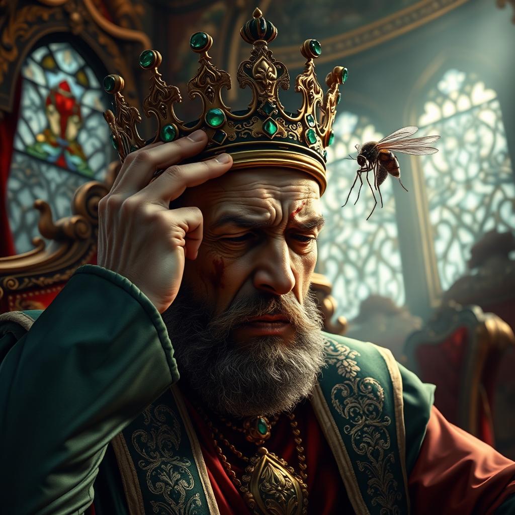 A dramatic scene depicting a king in a lavishly adorned throne room, showcasing the 'King of Emerald', a regal figure with a majestic crown adorned with emeralds