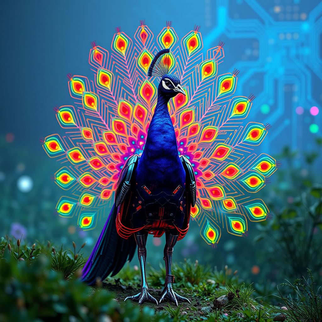 A colorful peacock in a fantasy world, taking up the full screen