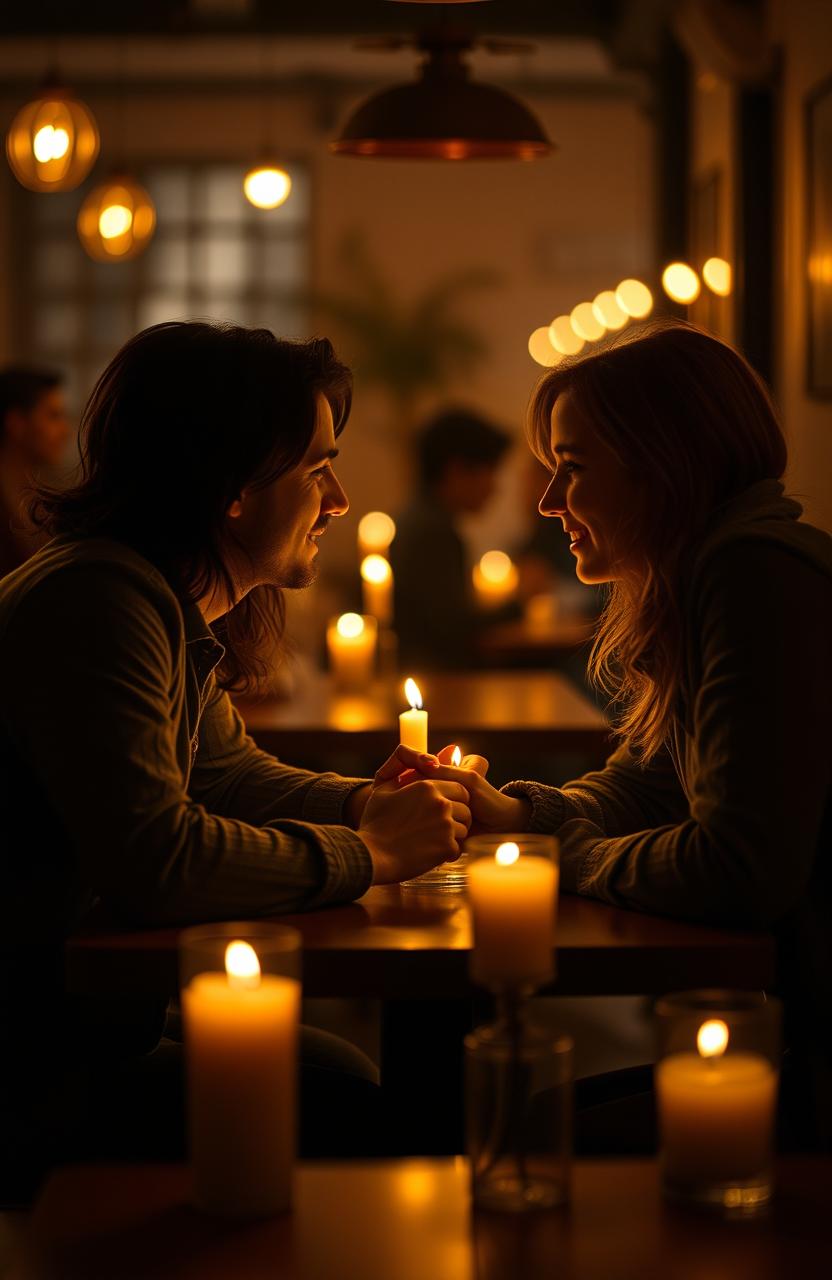A dramatic scene of hidden romance, showcasing two lovers meeting in a candlelit café, their eyes locking with an intense connection that draws them closer