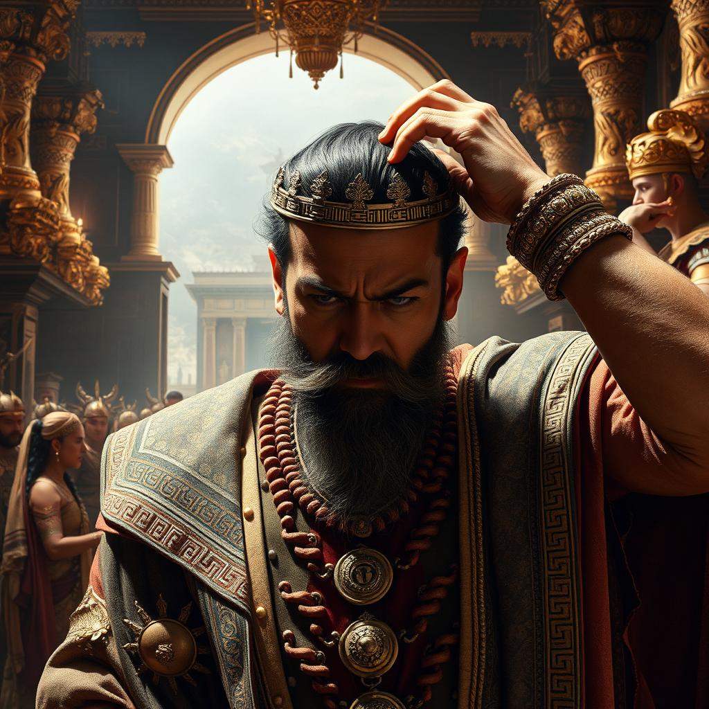 A dramatic scene showcasing King Namrud in a richly detailed ancient setting, adorned in royal attire with intricate patterns