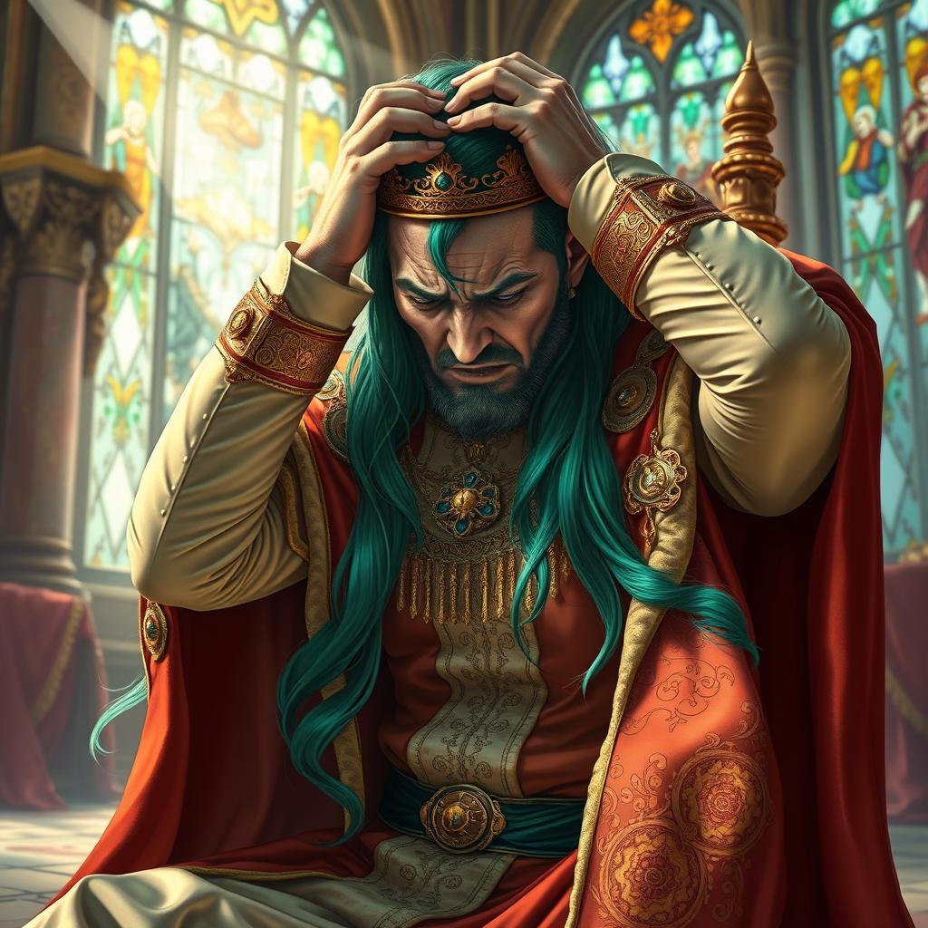 A dramatic scene depicting King Emerald, a regal figure adorned in opulent royal attire, facial expression twisted in agony, holding his head as if suffering from excruciating pain