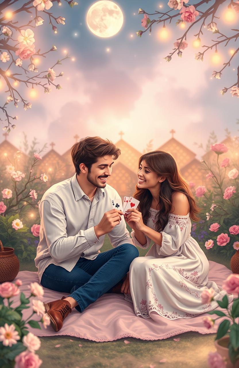 A romantic scene depicting two individuals engaged in a whimsical game of connection, surrounded by a dreamy environment filled with soft, pastel colors