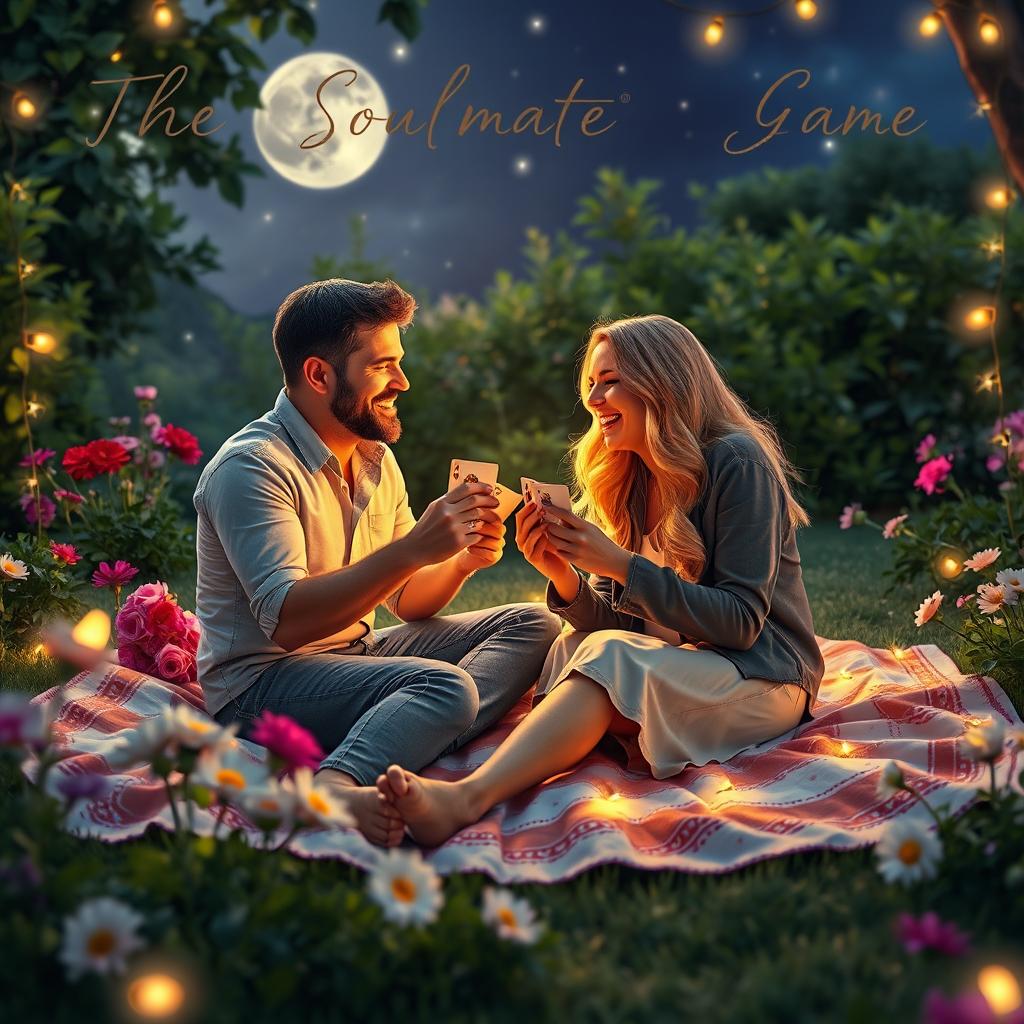 A romantic and enchanting depiction of 'The Soulmate Game,' showcasing two adults engaged in a playful and intimate card game that symbolizes connection and love