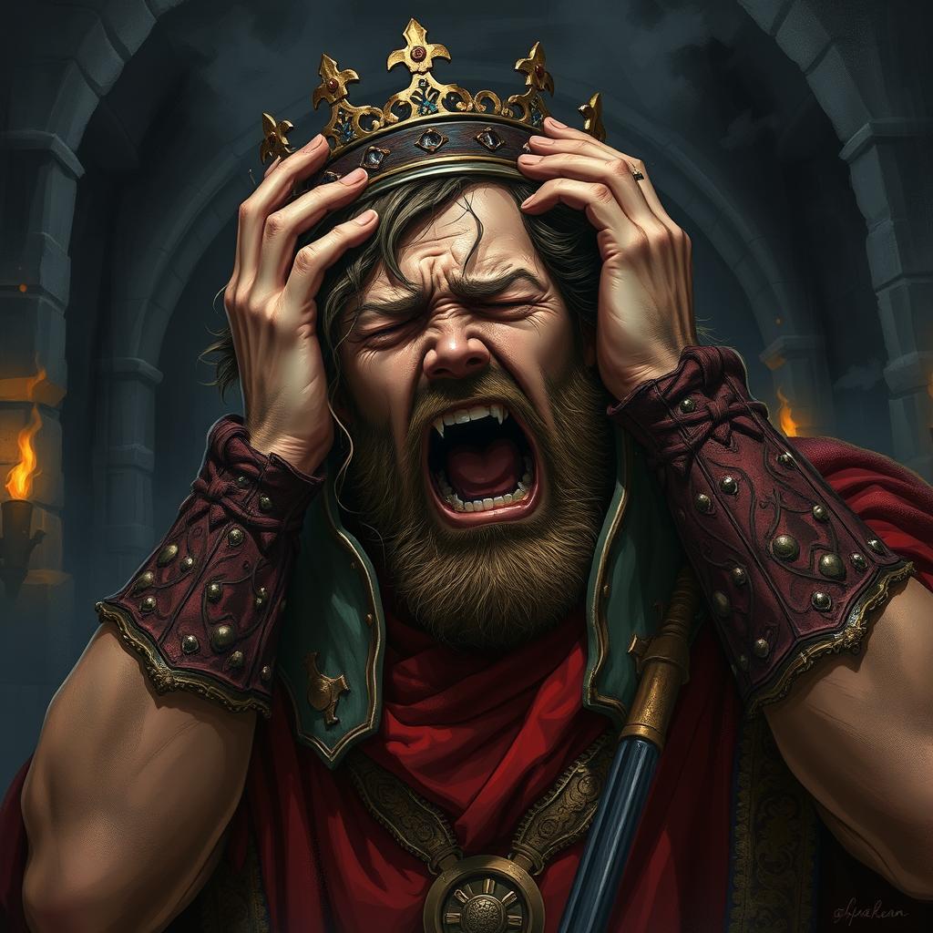A dramatic scene depicting King Namrod in a medieval setting, gripping his head in agony as he screams in pain