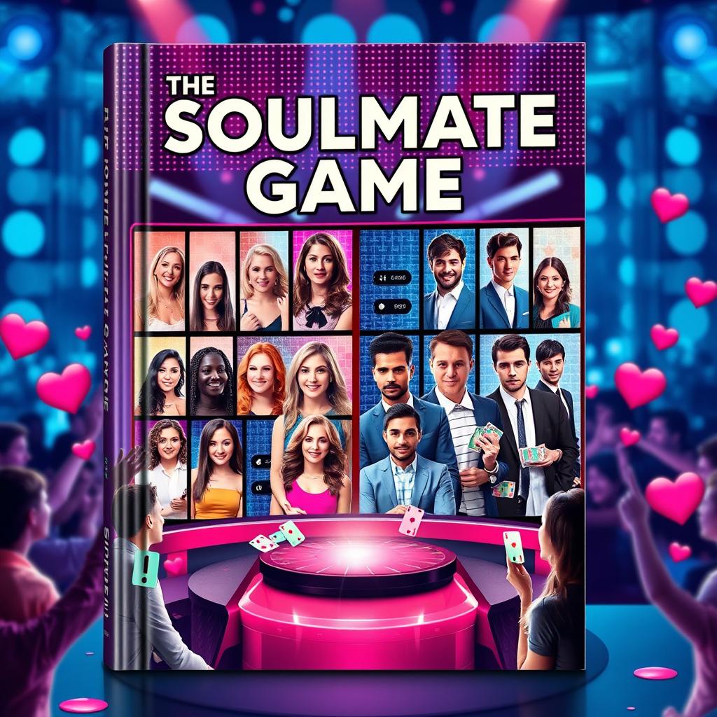 A captivating book cover design for 'The Soulmate Game,' depicting a vibrant and modern reality show theme