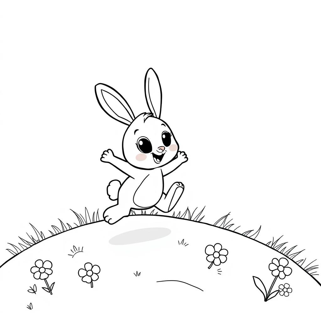 Joyful Cartoon Rabbit Hopping in Flower-Filled Meadows