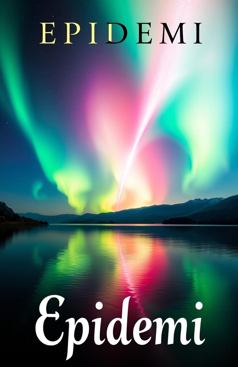 A captivating book cover featuring a vibrant meteor in shades of green, pink, and blue, beautifully positioned above a serene lake