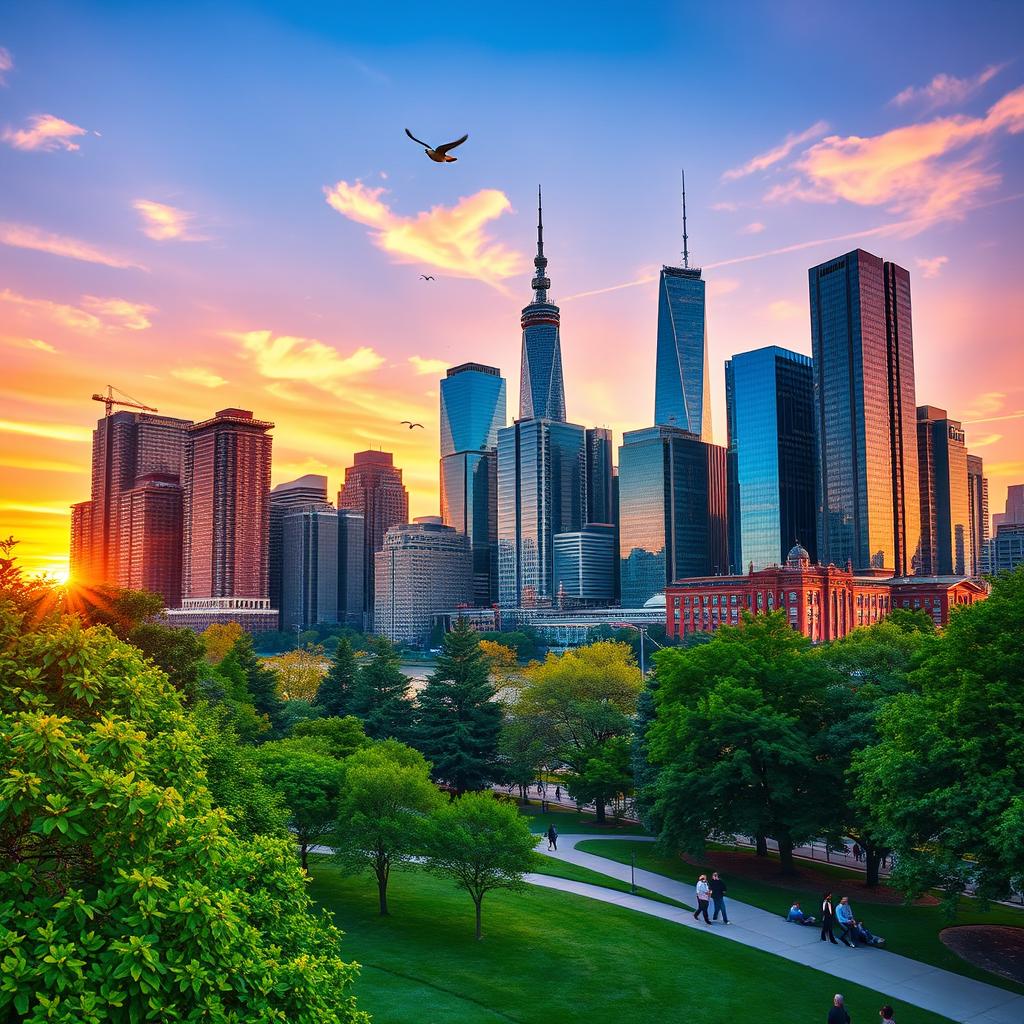 An ultra-clear image of a vibrant city skyline at sunset, featuring tall skyscrapers reflecting the warm orange and purple hues of the sky