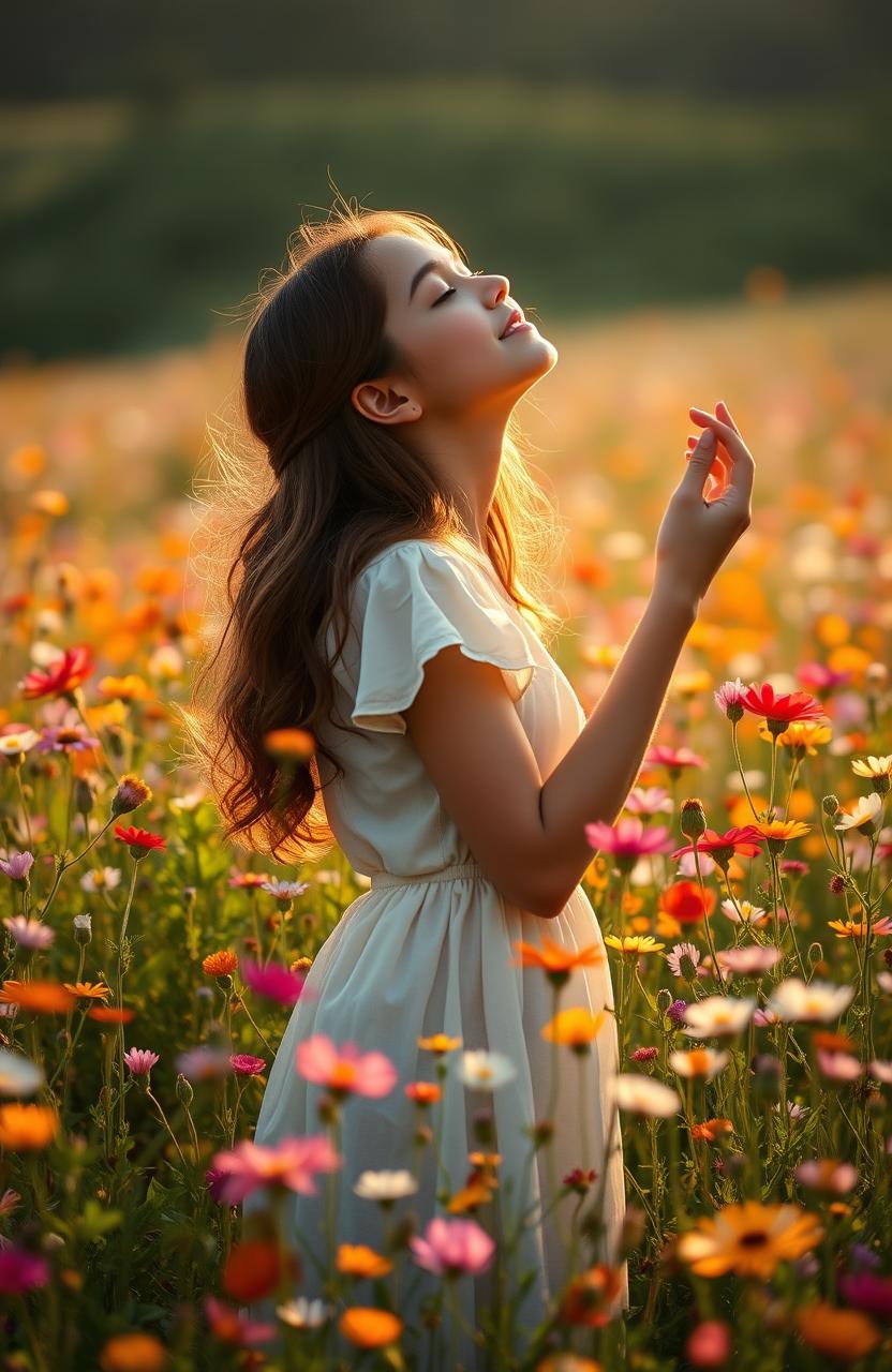 A girl standing gracefully amidst a vibrant field of wildflowers, gently touching the blossoms with her fingers