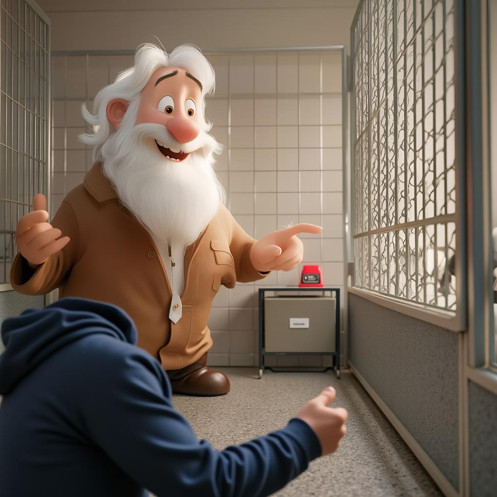 A cheerful elderly man with a white beard, wearing a brown coat, is standing in a bright and colorful dog shelter surrounded by playful puppies
