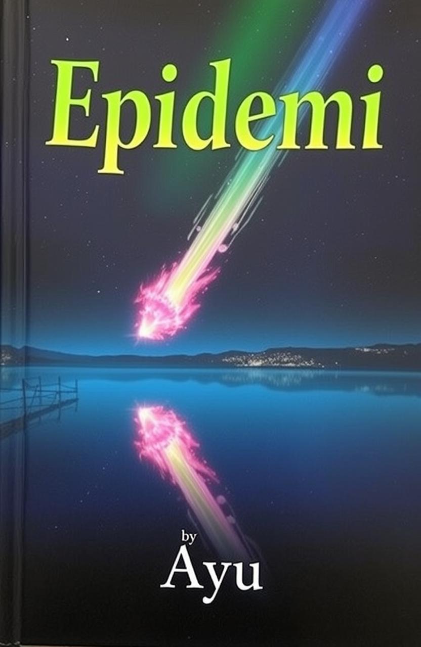 A book cover featuring a vibrant green, pink, and blue meteor with a tail, crashing over a serene lake