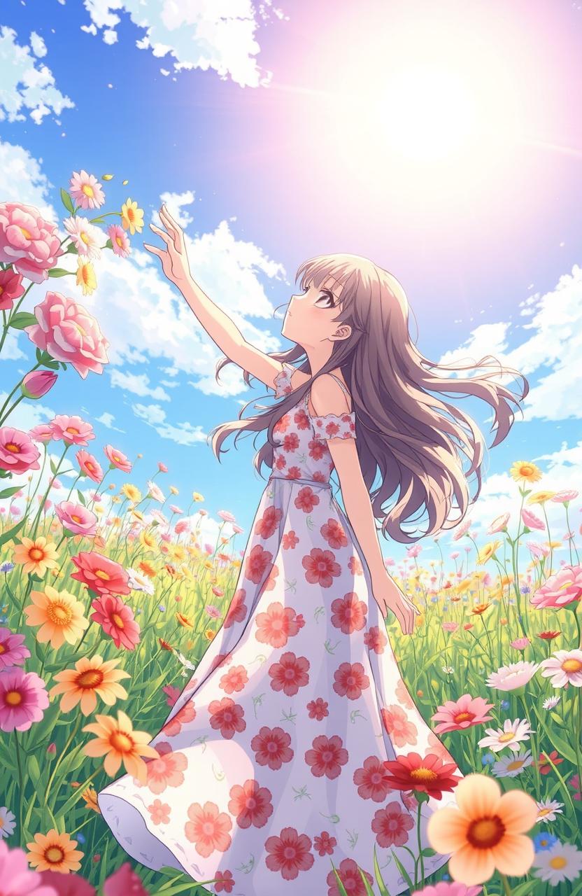 An anime-style illustration featuring a girl surrounded by a vibrant field of flowers, her long wavy hair flowing gently in the breeze