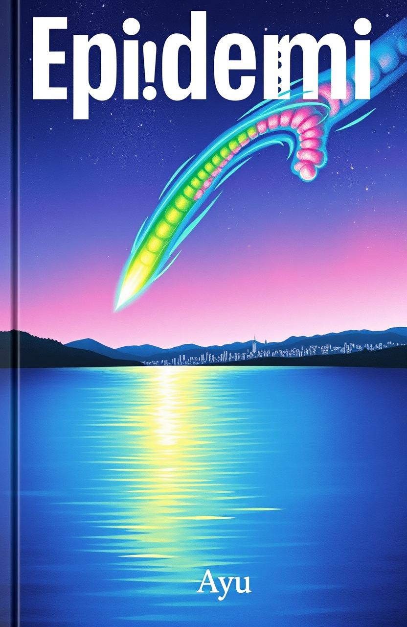 A vibrant book cover illustration featuring a green, pink, and blue meteor with a long tail, gracefully streaking across a serene lake
