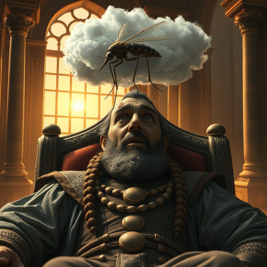 A surreal and fantastical scene depicting King Namrud, an ancient figure known for his power and authority, lying on a throne, his expression one of shock and disbelief