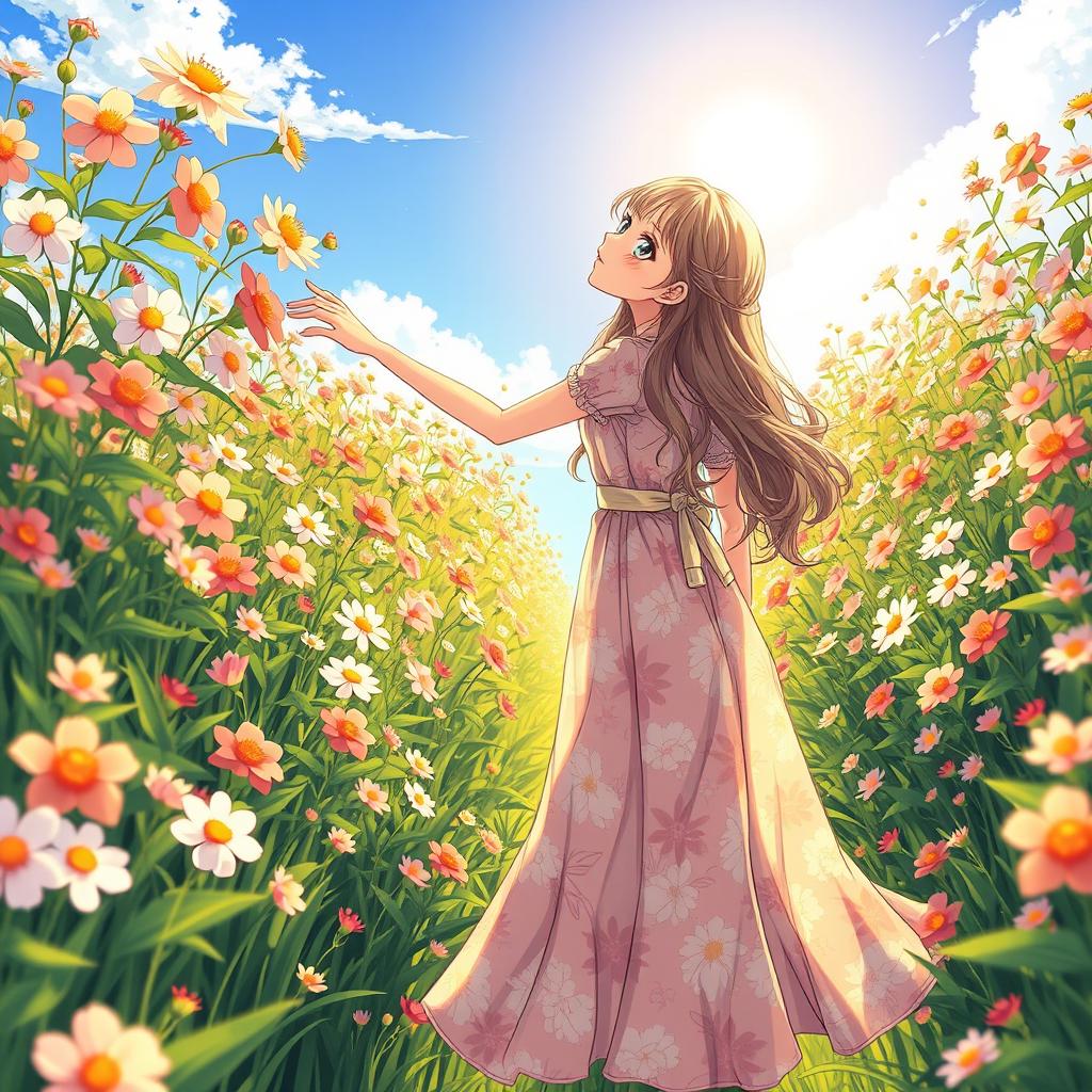 An anime-style illustration featuring a girl in the midst of a vibrant field of flowers, reaching out to touch the blossoms