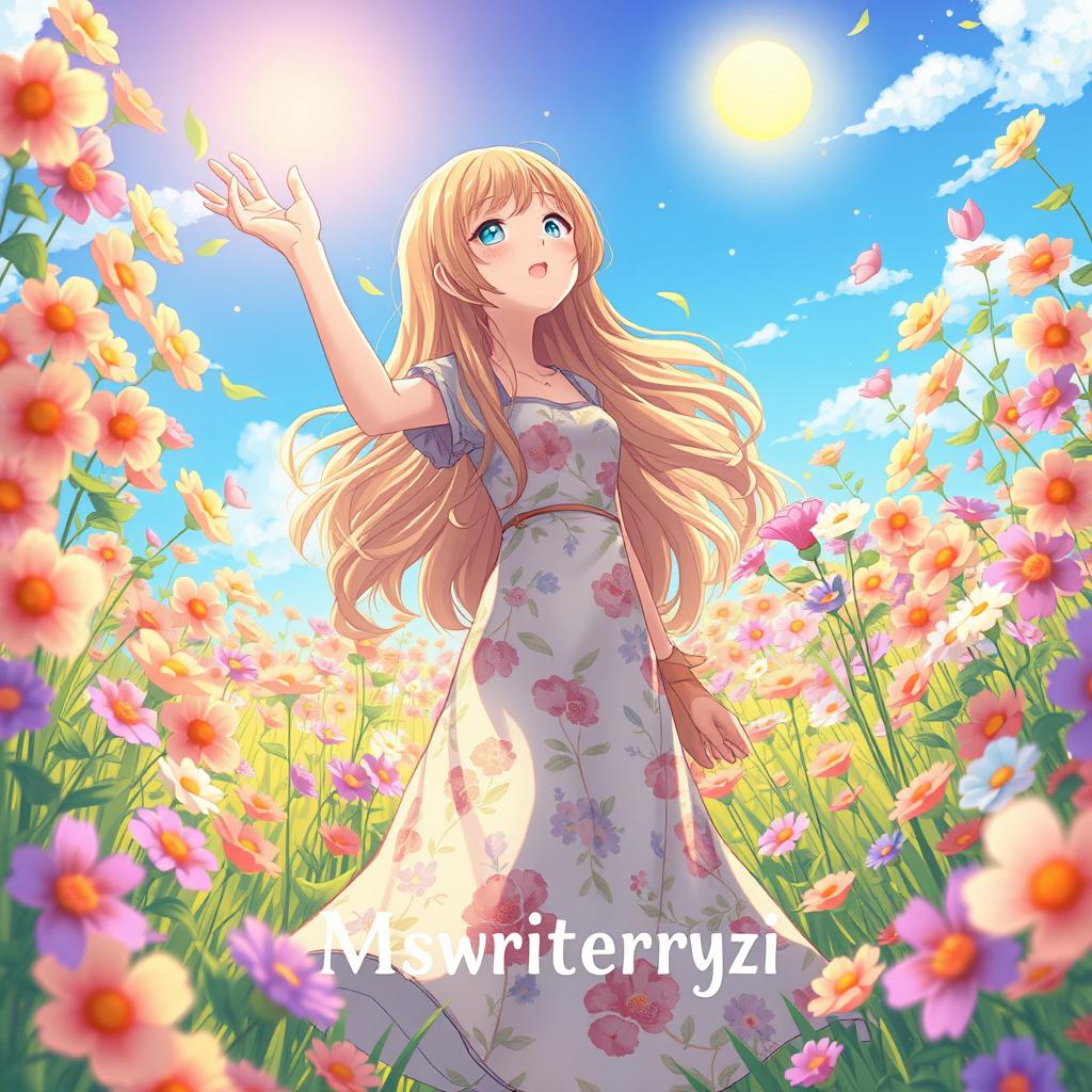 An anime-style illustration featuring a girl surrounded by a vibrant field of flowers, reaching out to touch the colorful blossoms