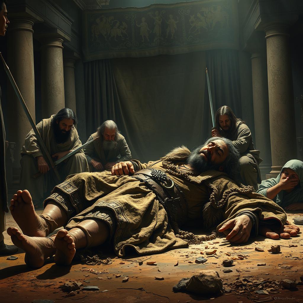 A dramatic scene depicting the fall of Namrud, the once powerful king, now suffering in death