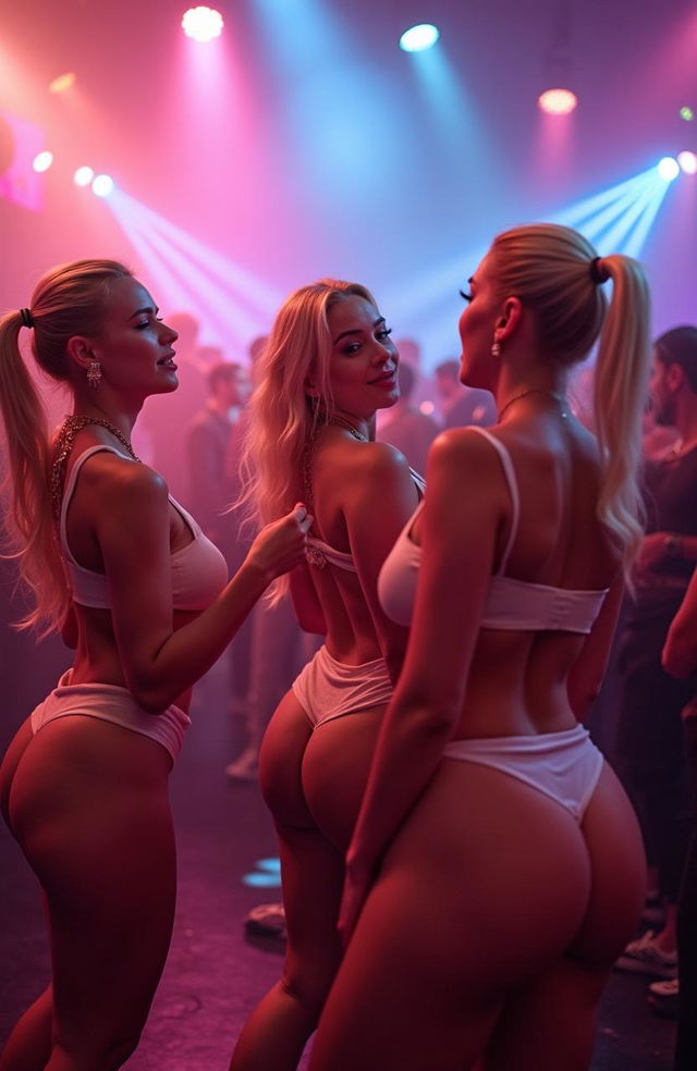 A vibrant scene at a rave showcasing three sexy blonde girls dancing energetically