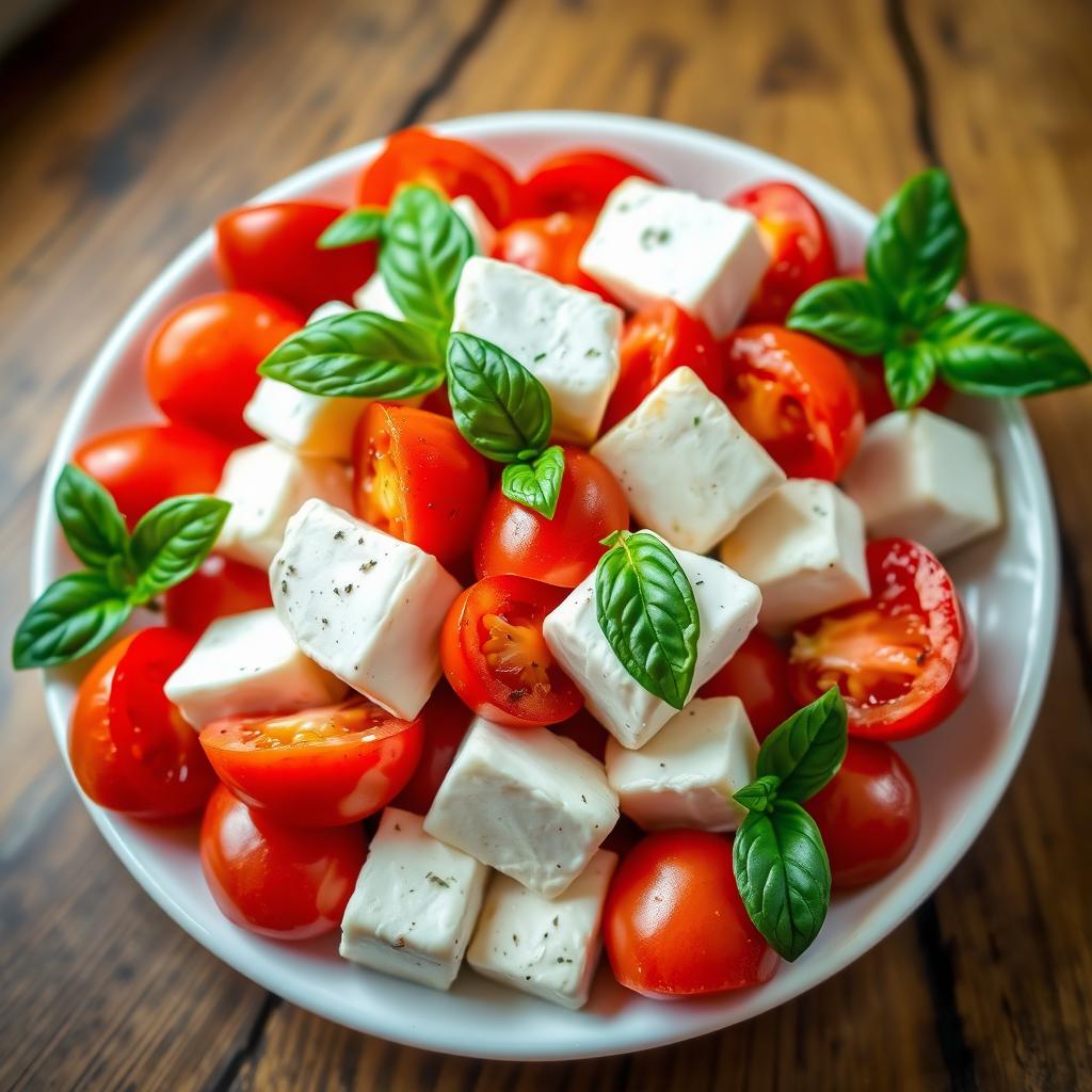 A vibrant and appetizing dish featuring juicy, ripe tomatoes and soft, creamy paneer cubes, beautifully layered with melting mozzarella cheese