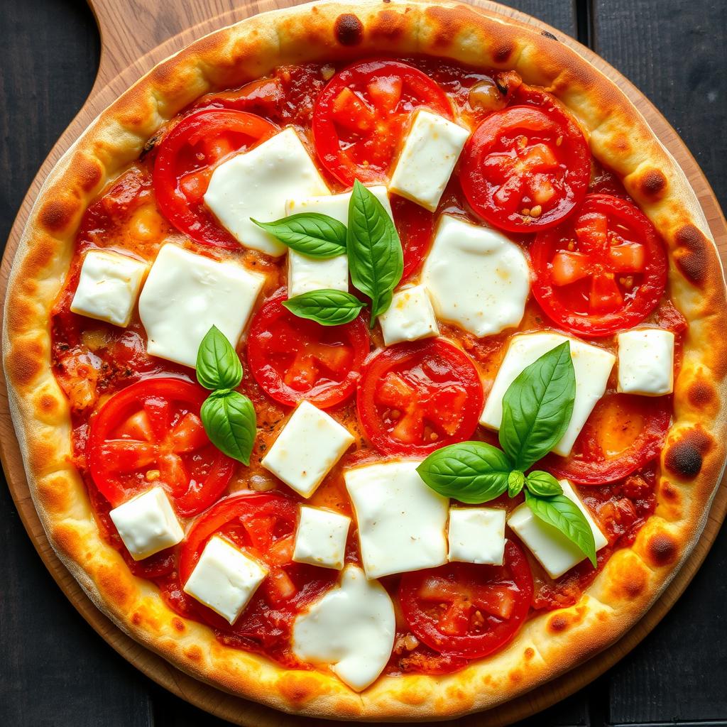 A delicious pizza with a well-baked, golden crispy crust topped with juicy, ripe tomatoes and soft, creamy paneer cubes, all layered generously with bubbling mozzarella cheese