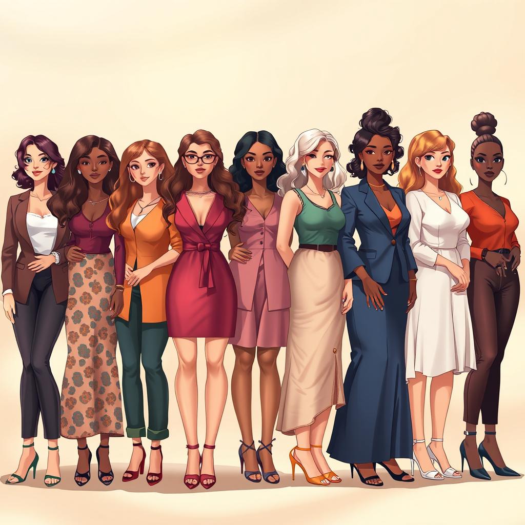An artistic illustration of ten diverse women forming an elegant line, showcasing a variety of styles and personalities