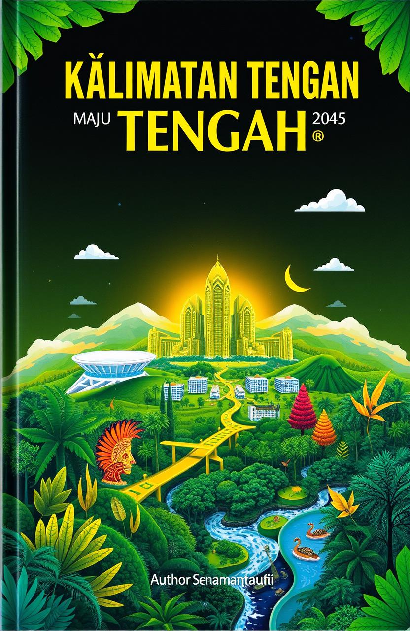 A visually striking book cover for 'Kalimantan Tengah Maju Untuk Indonesia Emas 2045'