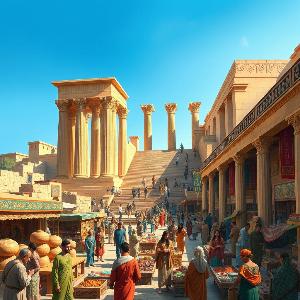 An artistic depiction of the largest commercial center of Persepolis, illustrating majestic ancient Persian architecture with intricate details, vibrant market scenes filled with merchants selling spices, textiles, and crafts