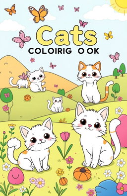 A charming and playful illustration for a kids' coloring book featuring a variety of cute cats in different poses and activities