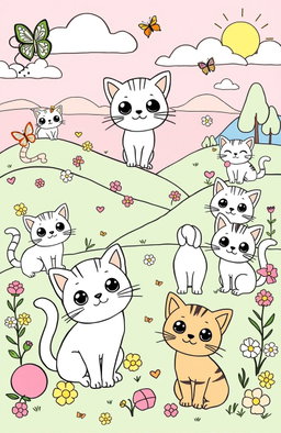 A charming and playful illustration for a kids' coloring book featuring a variety of cute cats in different poses and activities
