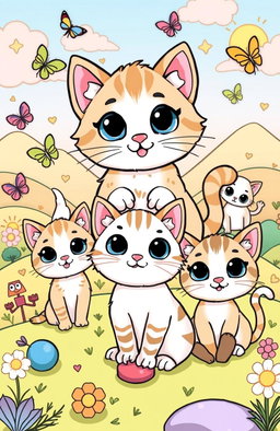 A charming and playful illustration for a kids' coloring book featuring a variety of cute cats in different poses and activities