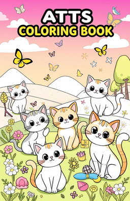 A charming and playful illustration for a kids' coloring book featuring a variety of cute cats in different poses and activities