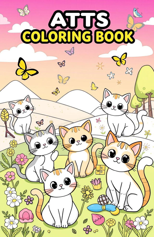 A charming and playful illustration for a kids' coloring book featuring a variety of cute cats in different poses and activities