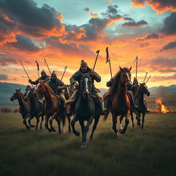 A powerful and dramatic depiction of the Horsemen of the Mongol Empire, showcasing fierce warriors on horseback dressed in traditional Mongol armor and attire