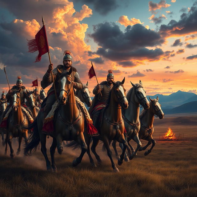 A powerful and dramatic depiction of the Horsemen of the Mongol Empire, showcasing fierce warriors on horseback dressed in traditional Mongol armor and attire